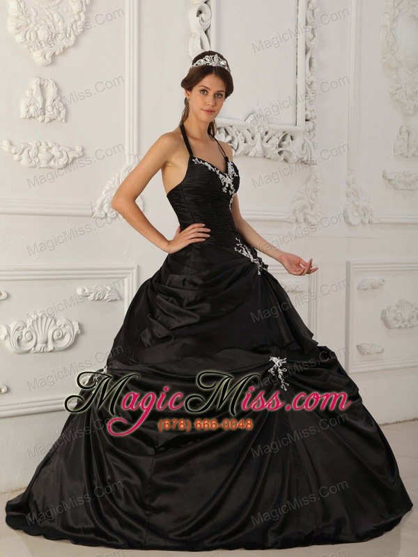 wholesale black a-line / princess halter floor-length taffeta appliques quinceanera dress