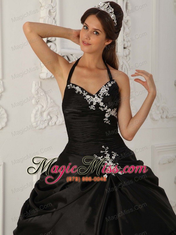wholesale black a-line / princess halter floor-length taffeta appliques quinceanera dress