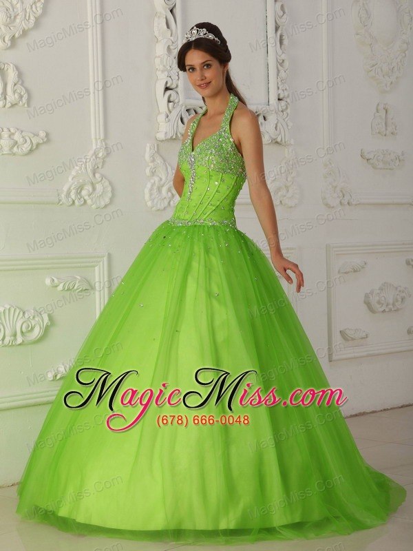 wholesale spring green a-line halter floor-length tulle beading quinceanera dress