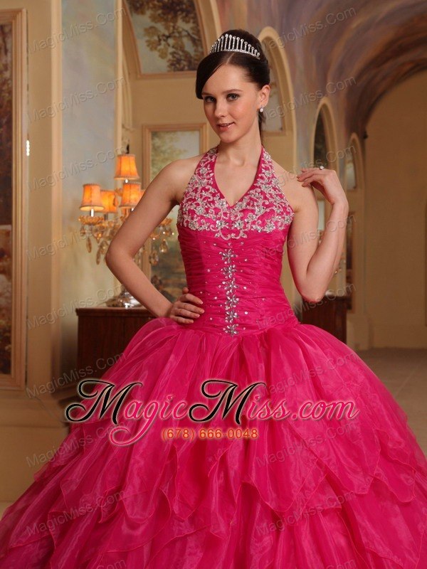 wholesale red ball gown halter floor-length organza embroidery quinceanera dress
