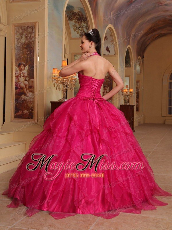wholesale red ball gown halter floor-length organza embroidery quinceanera dress