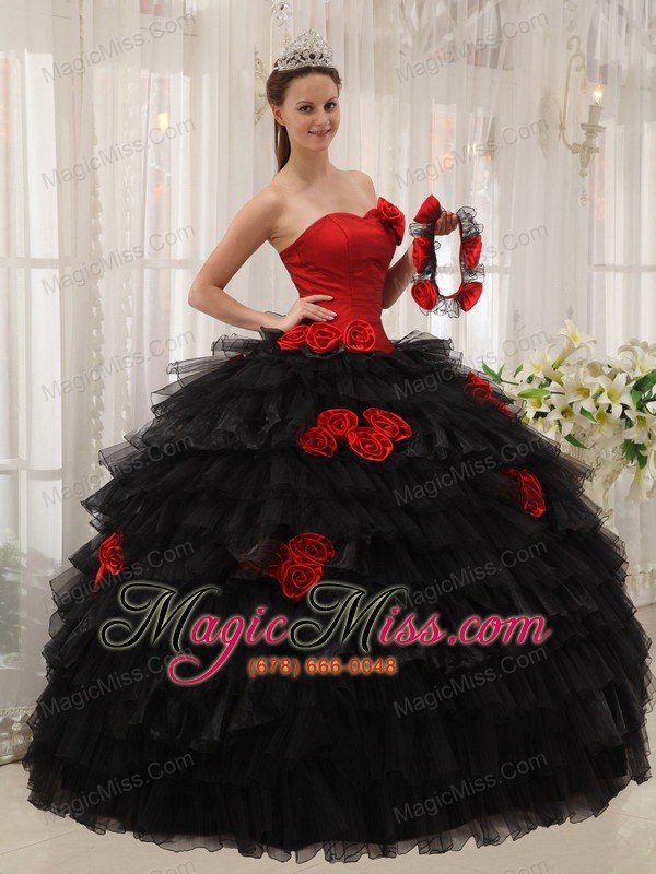 wholesale red and black ball gown halter floor-length taffeta and organza hand flowers quinceanera dress