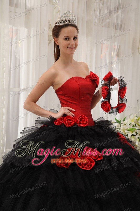 wholesale red and black ball gown halter floor-length taffeta and organza hand flowers quinceanera dress