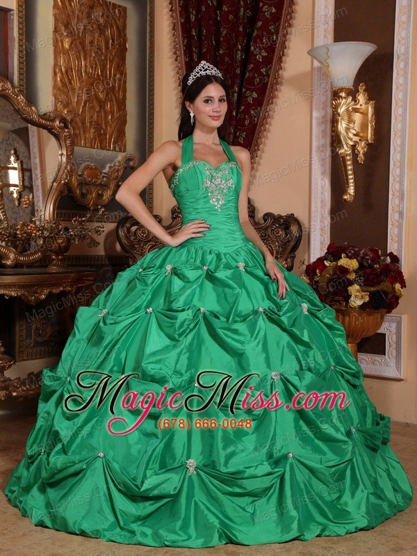 wholesale green ball gown halter top floor-length taffeta appliques quinceanera dress