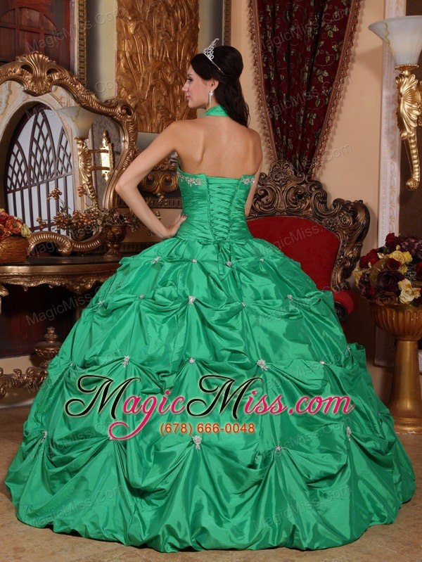 wholesale green ball gown halter top floor-length taffeta appliques quinceanera dress