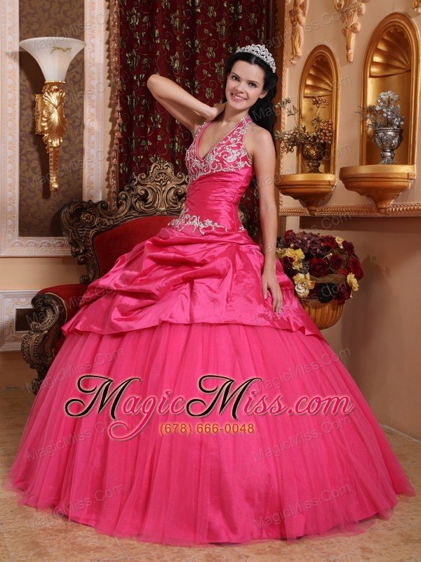 wholesale hot pink ball gown halter floor-length taffeta appliques quinceanera dress