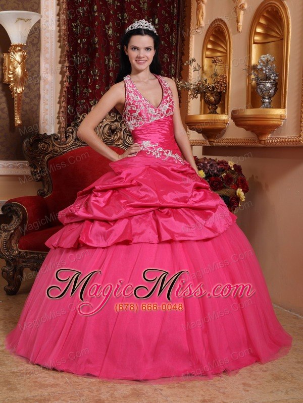 wholesale hot pink ball gown halter floor-length taffeta appliques quinceanera dress