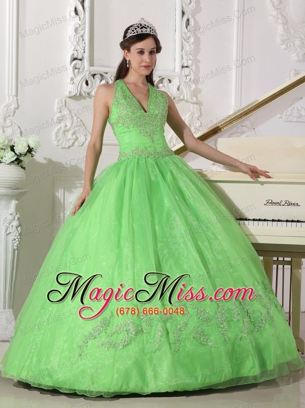 wholesale spring green ball gown halter floor-length taffeta and organza appliques quinceanera dress