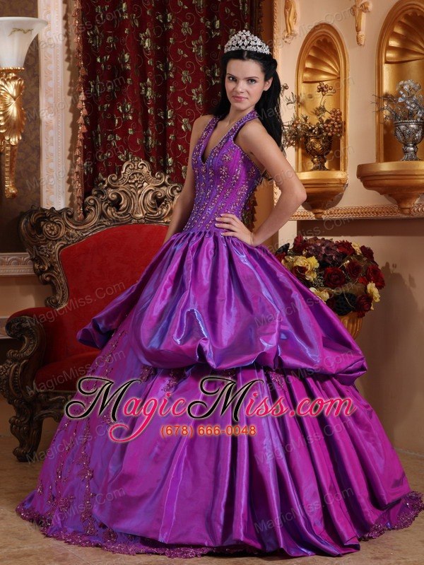wholesale purple ball gown halter floor-length taffeta appliques quinceanera dress
