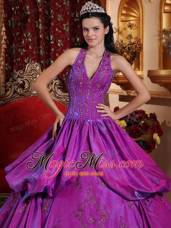 wholesale purple ball gown halter floor-length taffeta appliques quinceanera dress