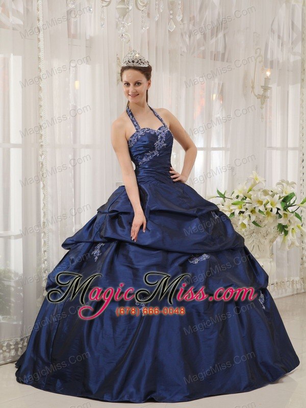 wholesale navy blue ball gown halter floor-length taffeta appliques quinceanera dress