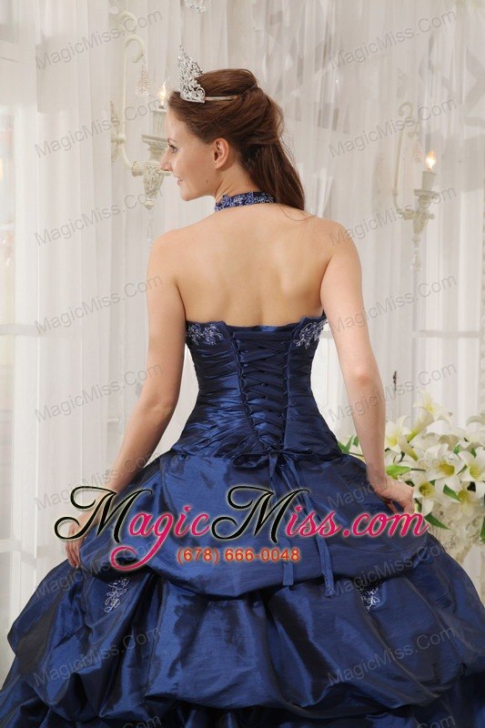 wholesale navy blue ball gown halter floor-length taffeta appliques quinceanera dress