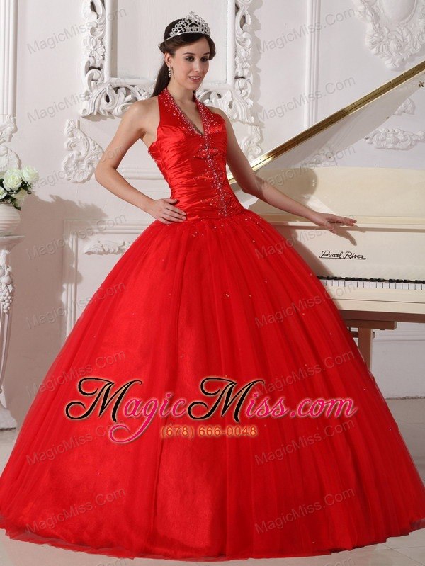 wholesale red ball gown v-neck floor-length tulle beading quinceanera dress
