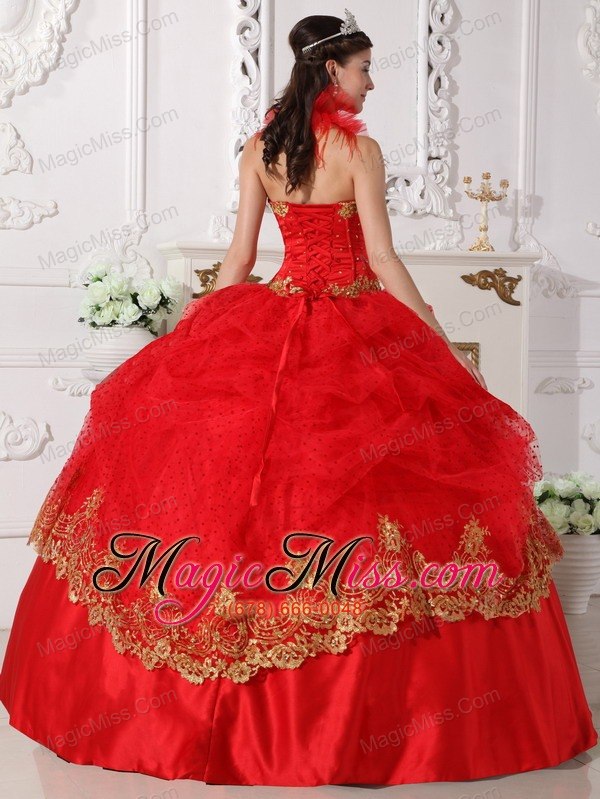 wholesale red and gold ball gown halter floor-length taffeta beading and appliques quinceanera dress