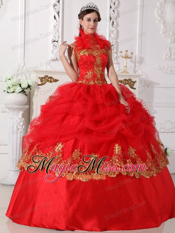 wholesale red and gold ball gown halter floor-length taffeta beading and appliques quinceanera dress