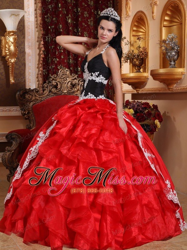 wholesale red and black ball gown v-neck floor-length taffeta and organza appliques quinceanera dress