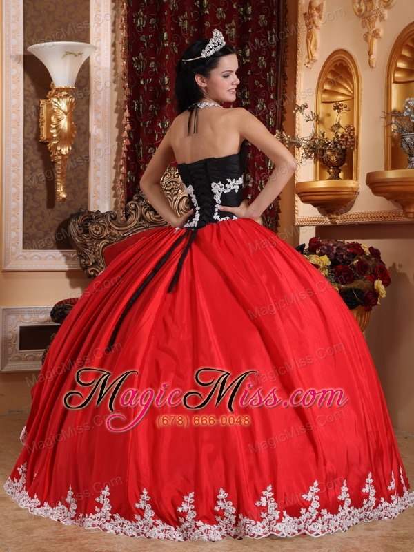 wholesale red and black ball gown v-neck floor-length taffeta and organza appliques quinceanera dress
