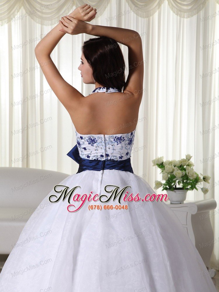 wholesale white ball gown halter floor-length organza appliques quinceanera dress