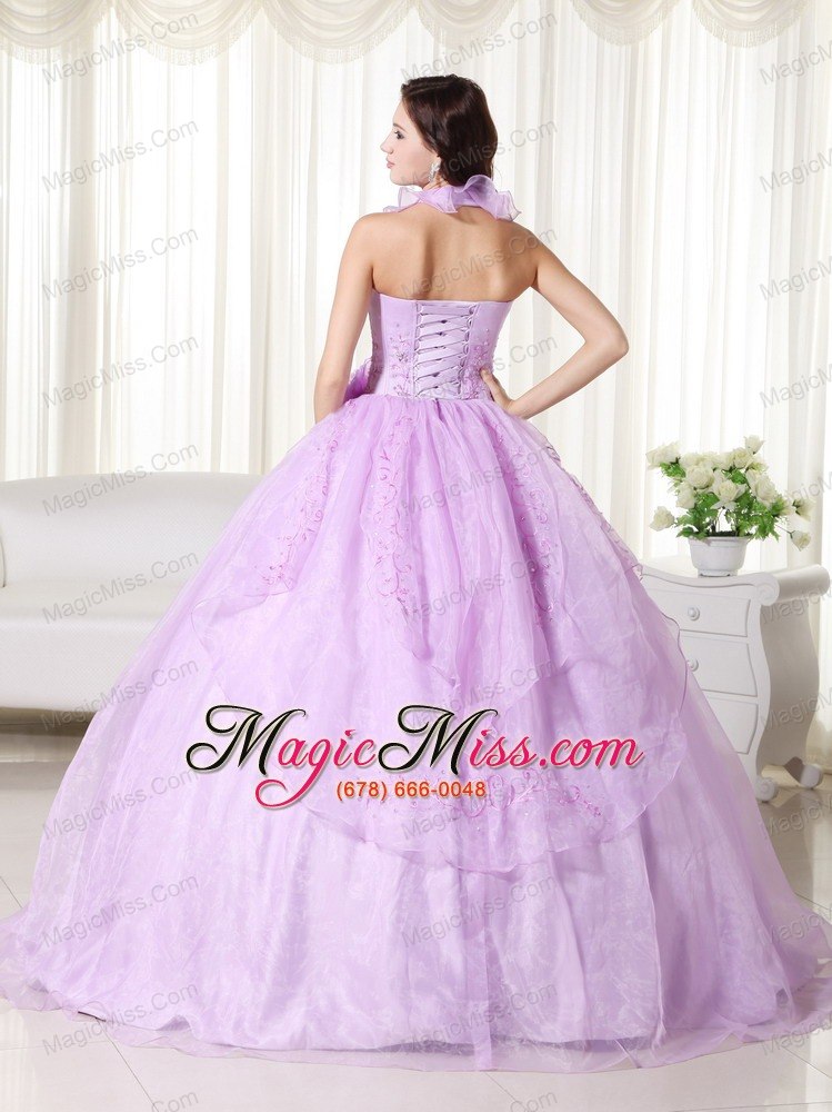 wholesale lavender ball gown halter floor-length chiffon embroidery and beading quinceanera dress