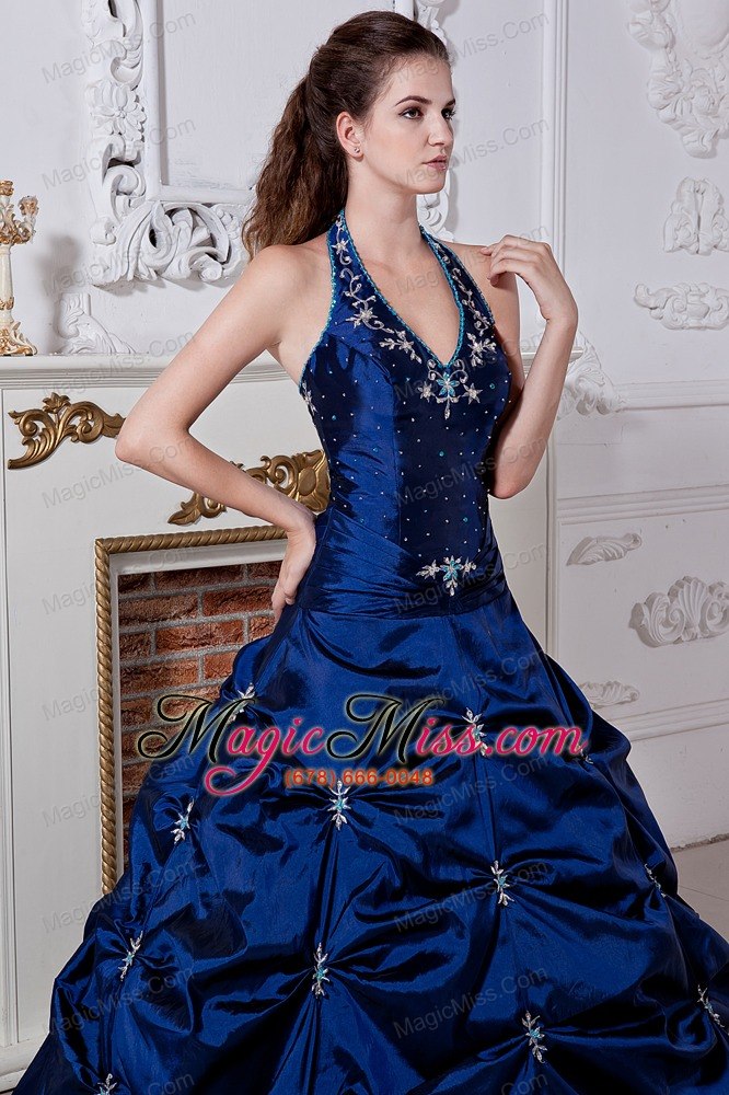 wholesale blue a-line / princess halter floor-length taffeta embriodery wedding dress
