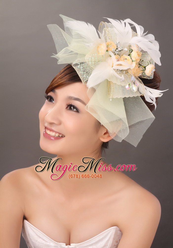 wholesale popular light yellow tulle feather hand made flowers fascinator