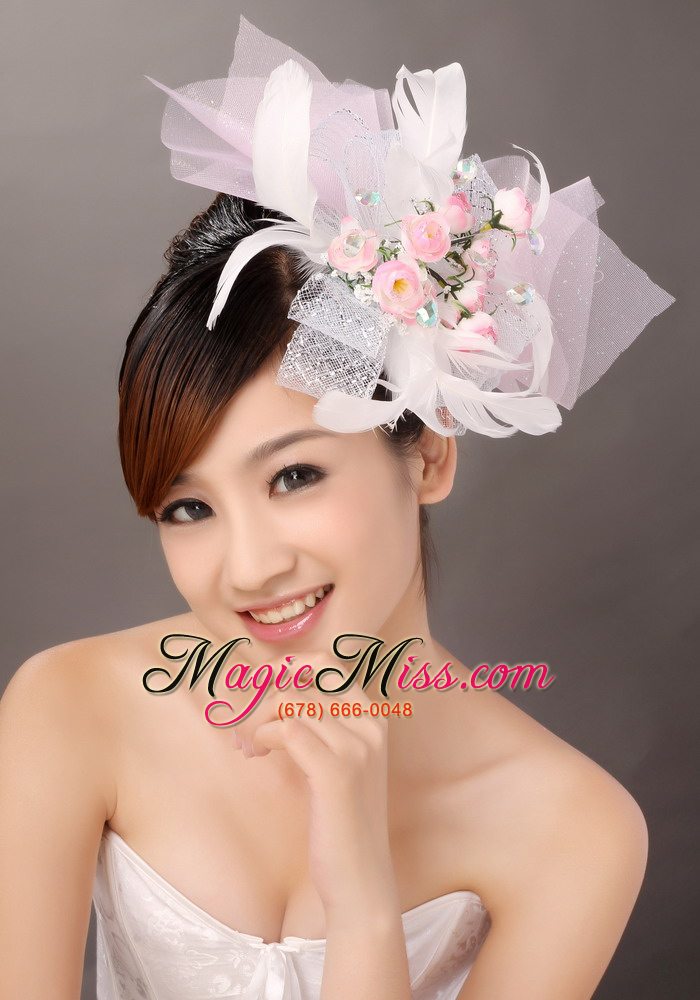 wholesale light pink fashionable tulle feather hand made flowers beading fascinators