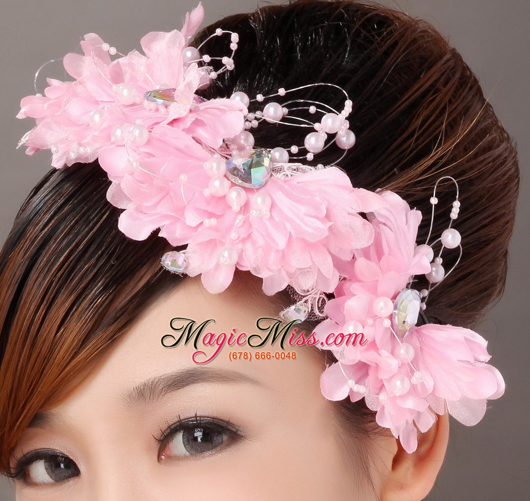 wholesale beautiful pink taffeta beading hand made flowers hair combs