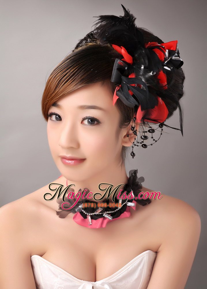 wholesale fully handmade romantic headpiece red and black with feather for party