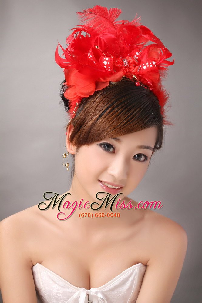 wholesale red chiffon feather big flower with beading for bridal new arrival