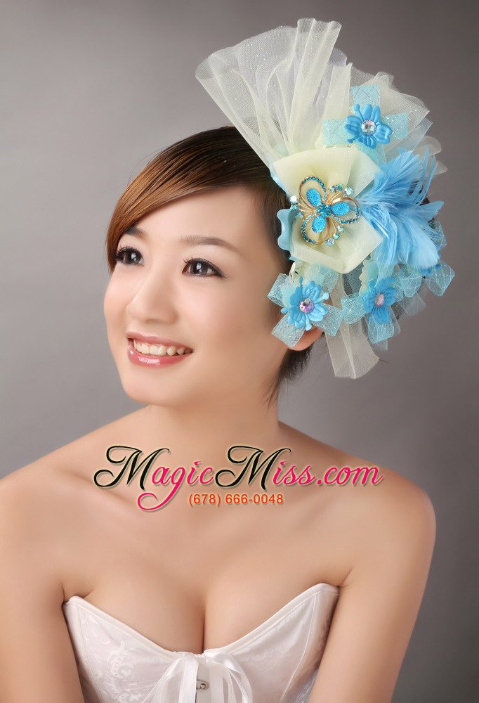 wholesale blue feather and light yellow net flower with beading for bridal