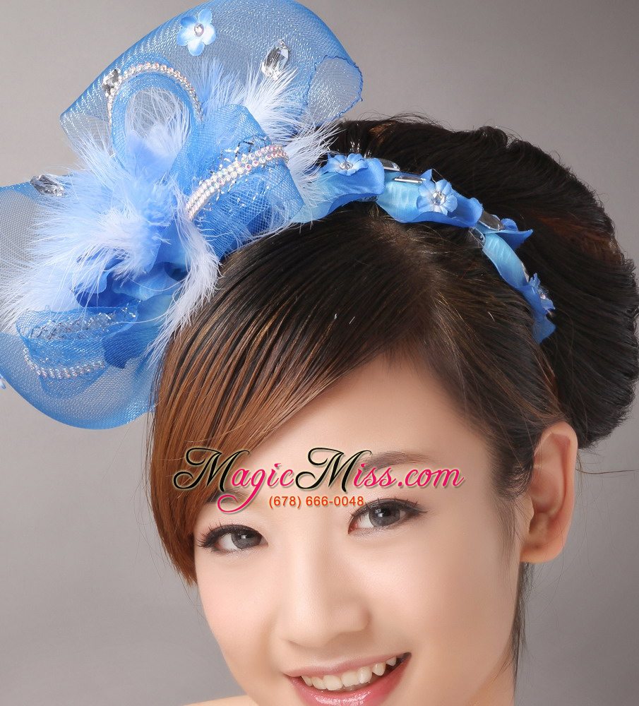 wholesale blue net and feather with beading flower for bridal