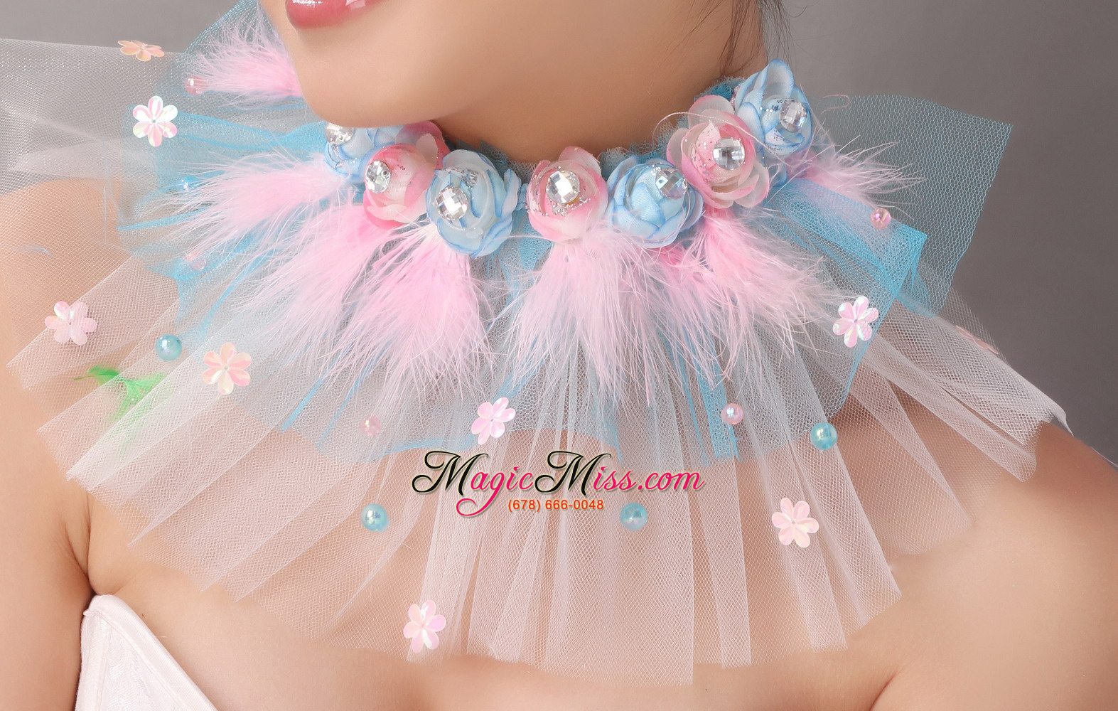 wholesale pink feather and blue net flower beading for party