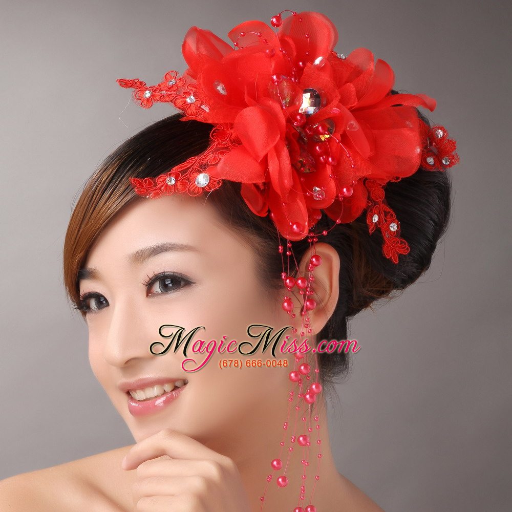 wholesale red chiffon bud silk flowers with beading for party