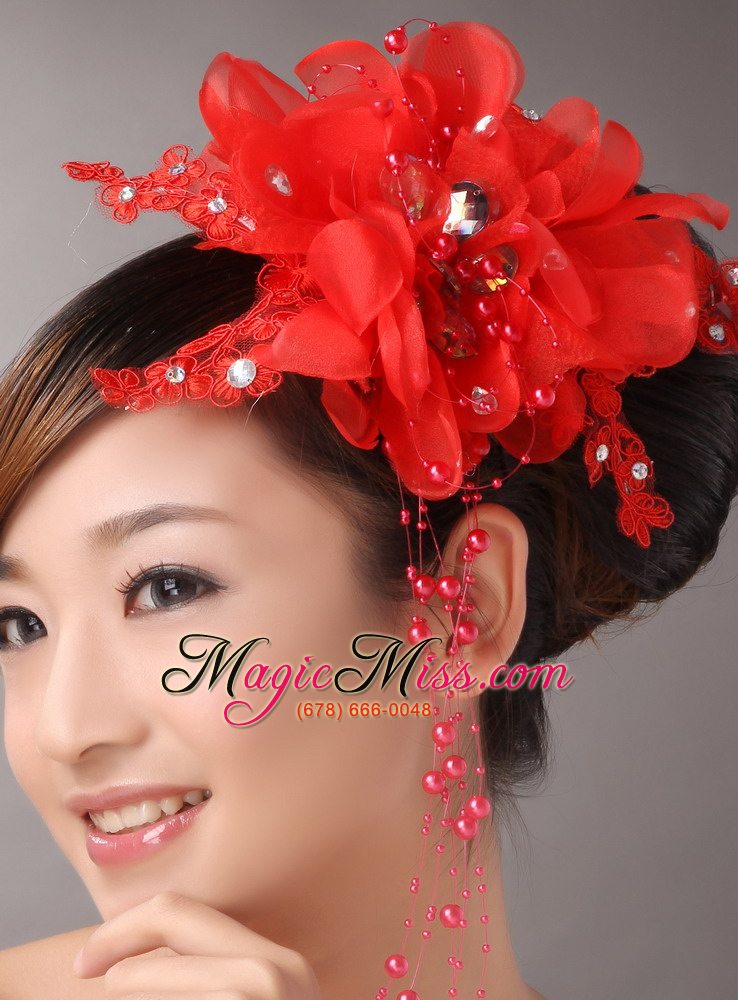 wholesale red chiffon bud silk flowers with beading for party