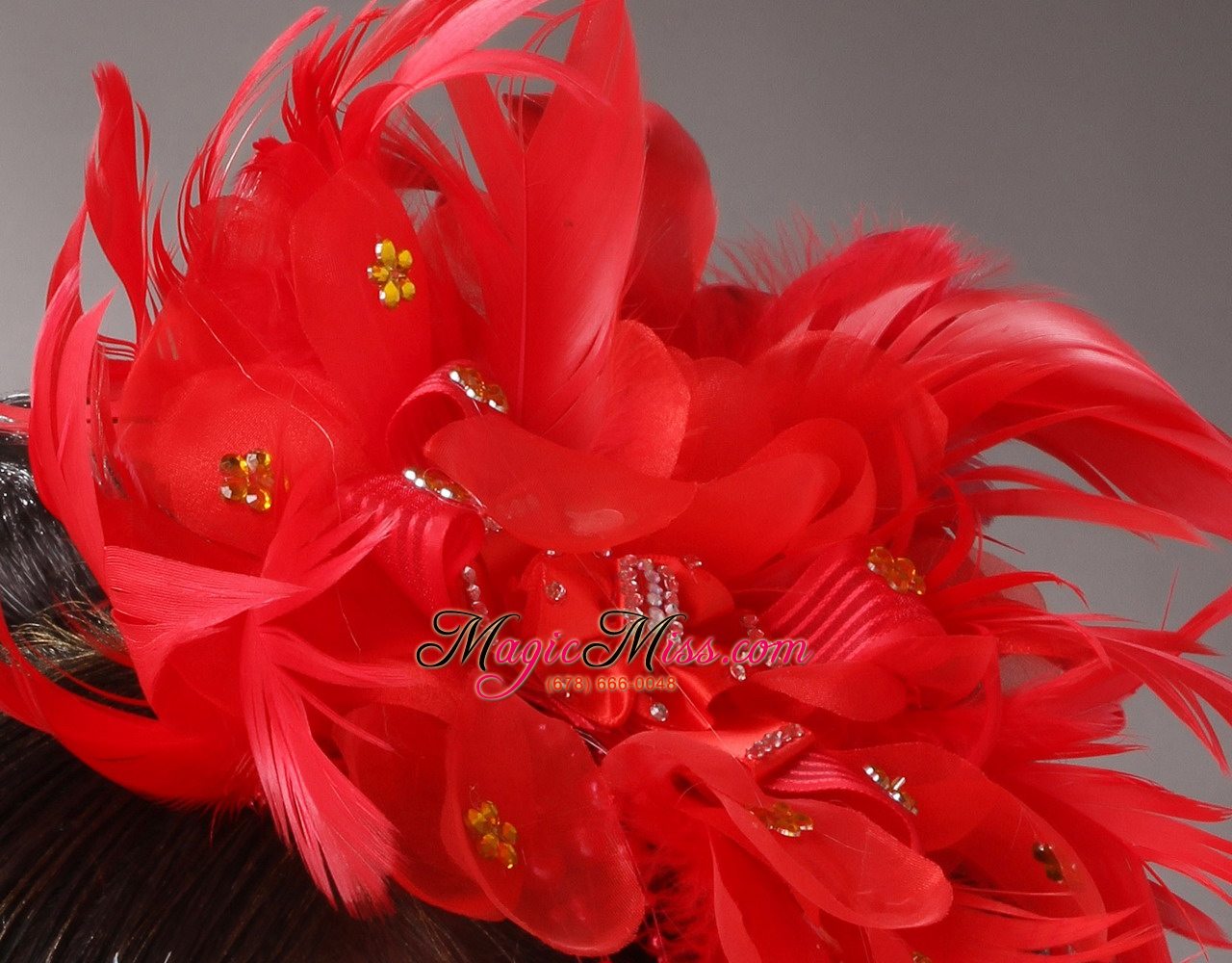 wholesale red custom made headpieces with beaded decorate feather