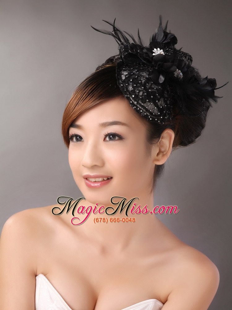 wholesale black lace and feather headpices with imitation beading decorate for party