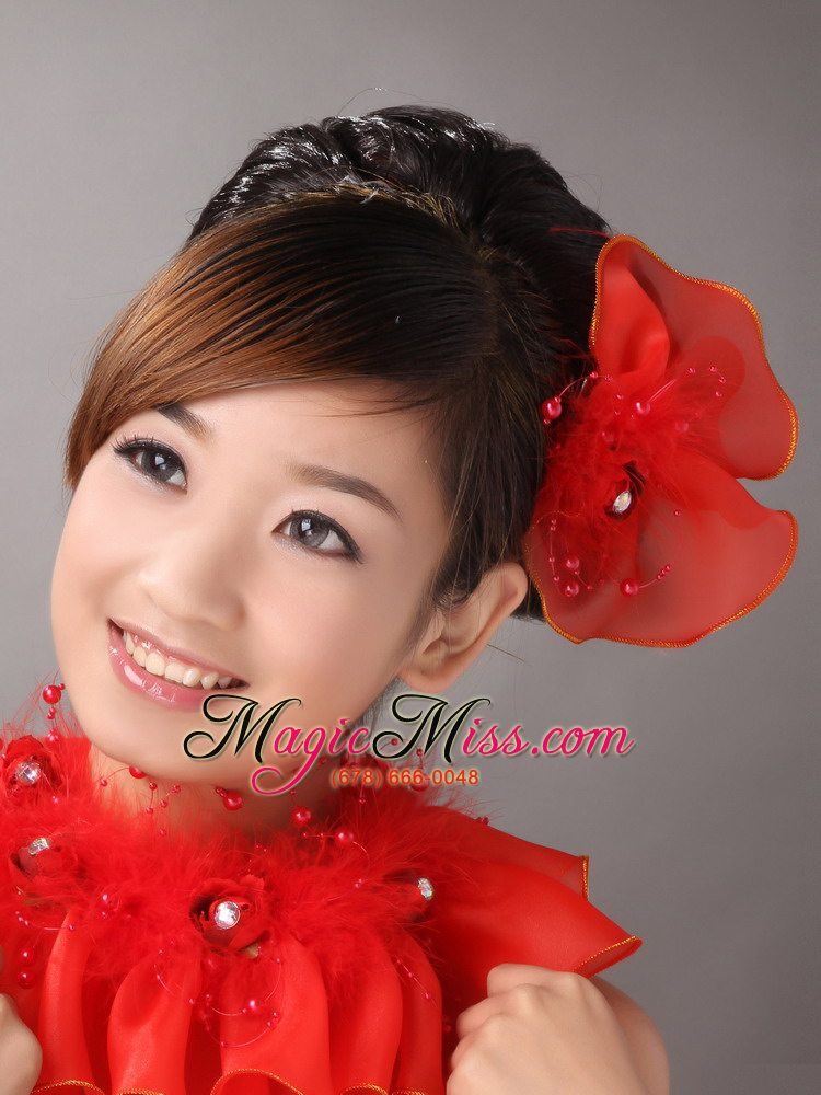 wholesale red organza hearpices with imitation feather rhinestones decorate