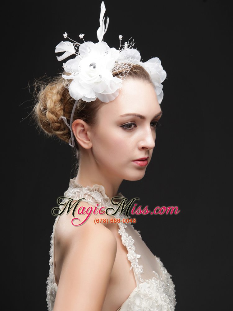 wholesale pure white flower bridal net with feather women 's fascinators