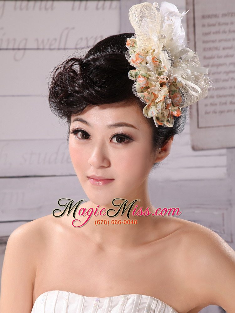 wholesale champagne tulle and chiffon fascinators with imitation pearls