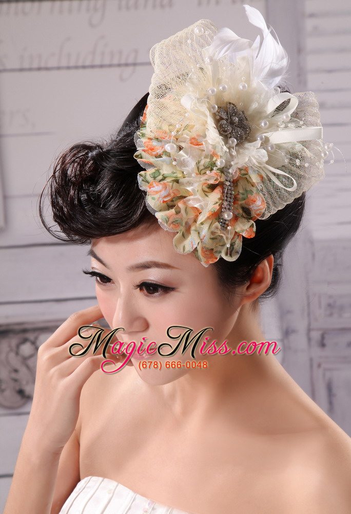 wholesale champagne tulle and chiffon fascinators with imitation pearls