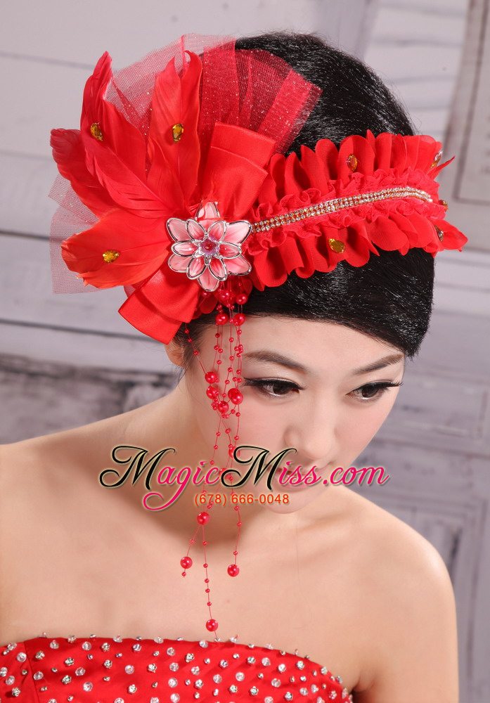wholesale red headpiece for bride pearl headdress feathers