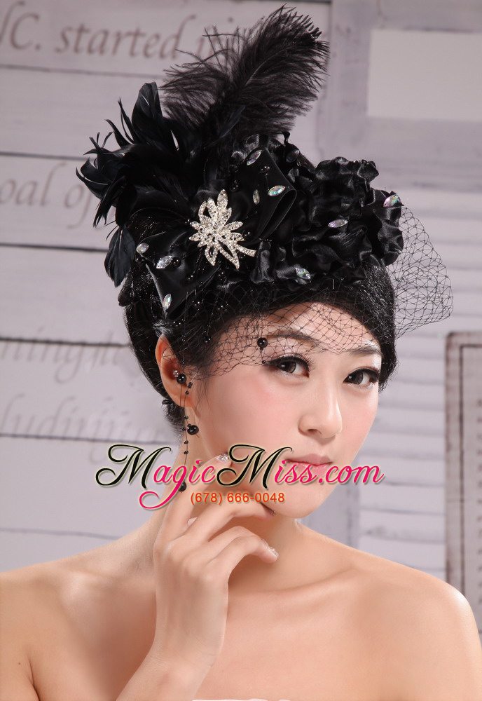wholesale black best sale hat flower wedding headpieces with feather beading