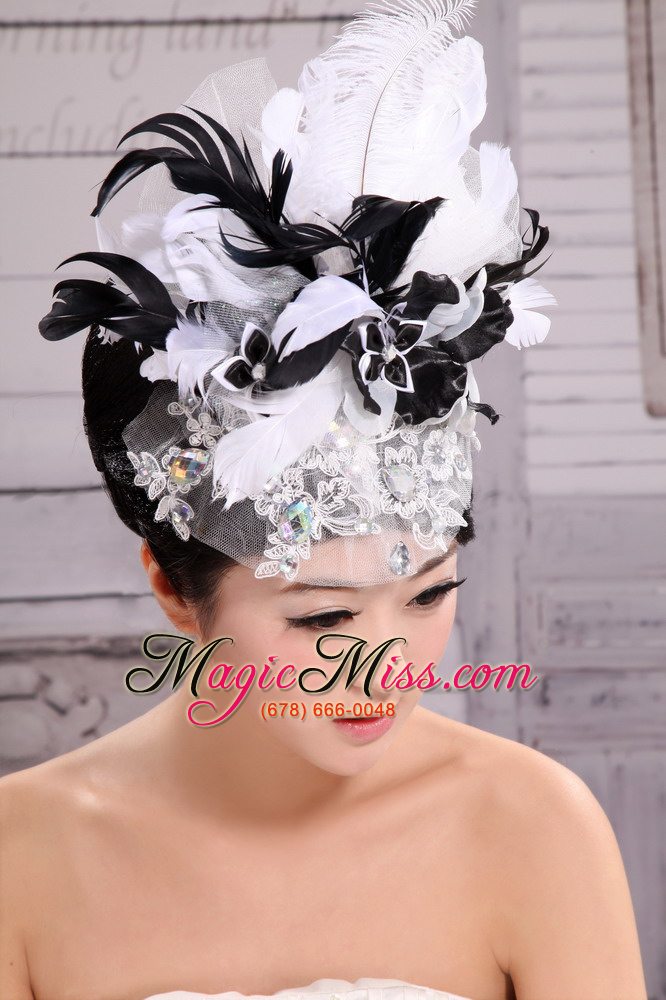wholesale headpieces feather net yarn fashion hat pearl with white and black