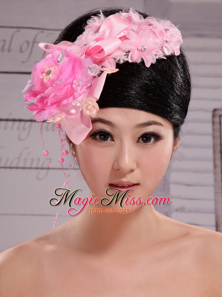 wholesale pink satin ribbon flowers with beading for wedding