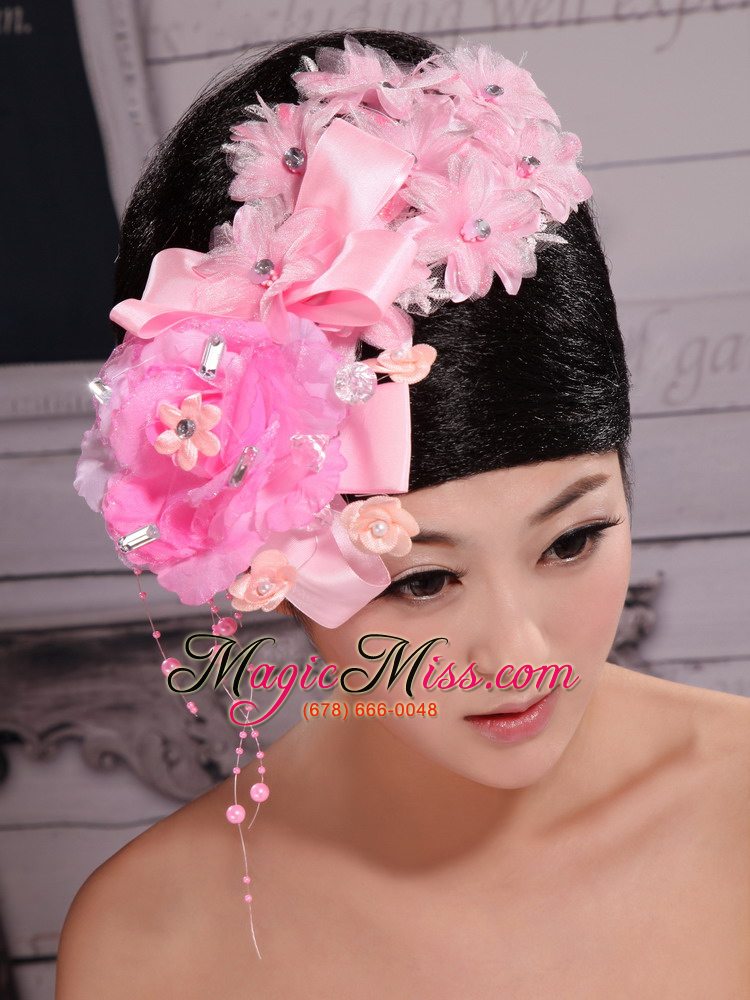 wholesale pink satin ribbon flowers with beading for wedding