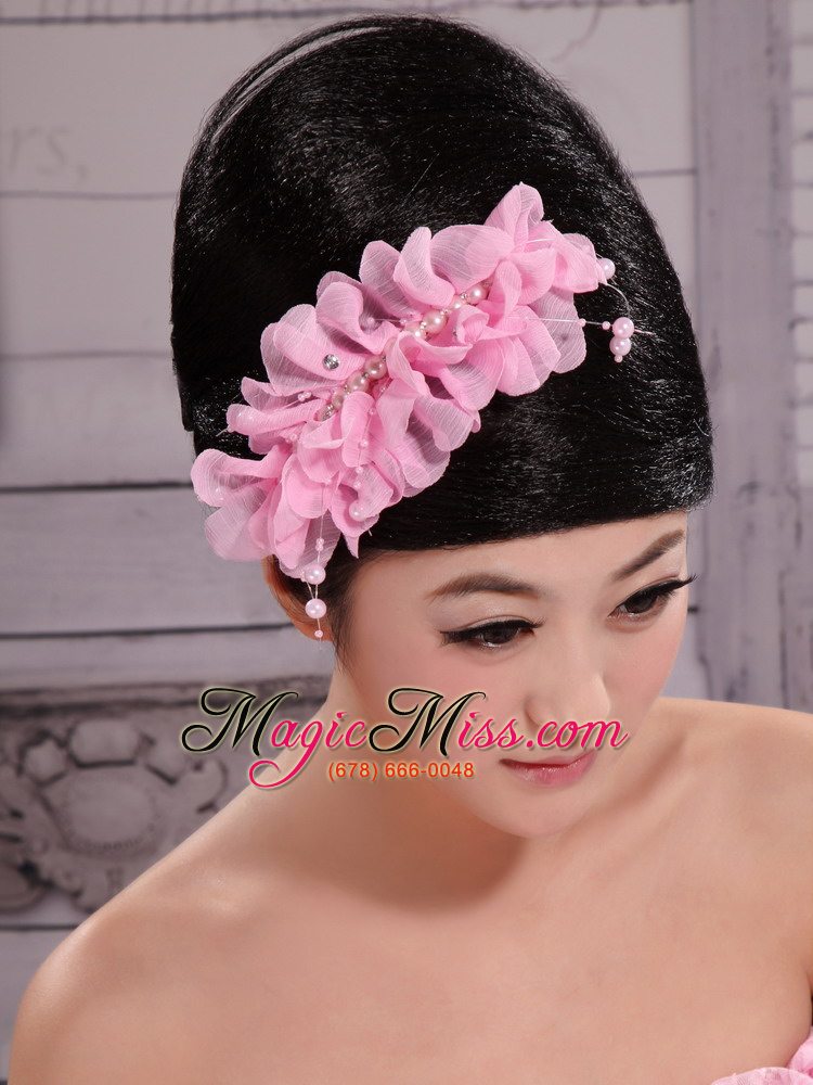 wholesale pink chiffon flowers with pearls for party