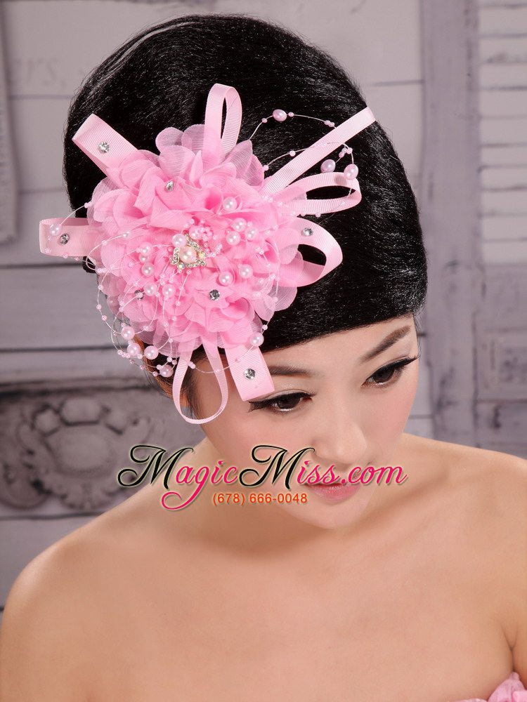 wholesale pink chiffon ribbon big flowers with pearls for wedding