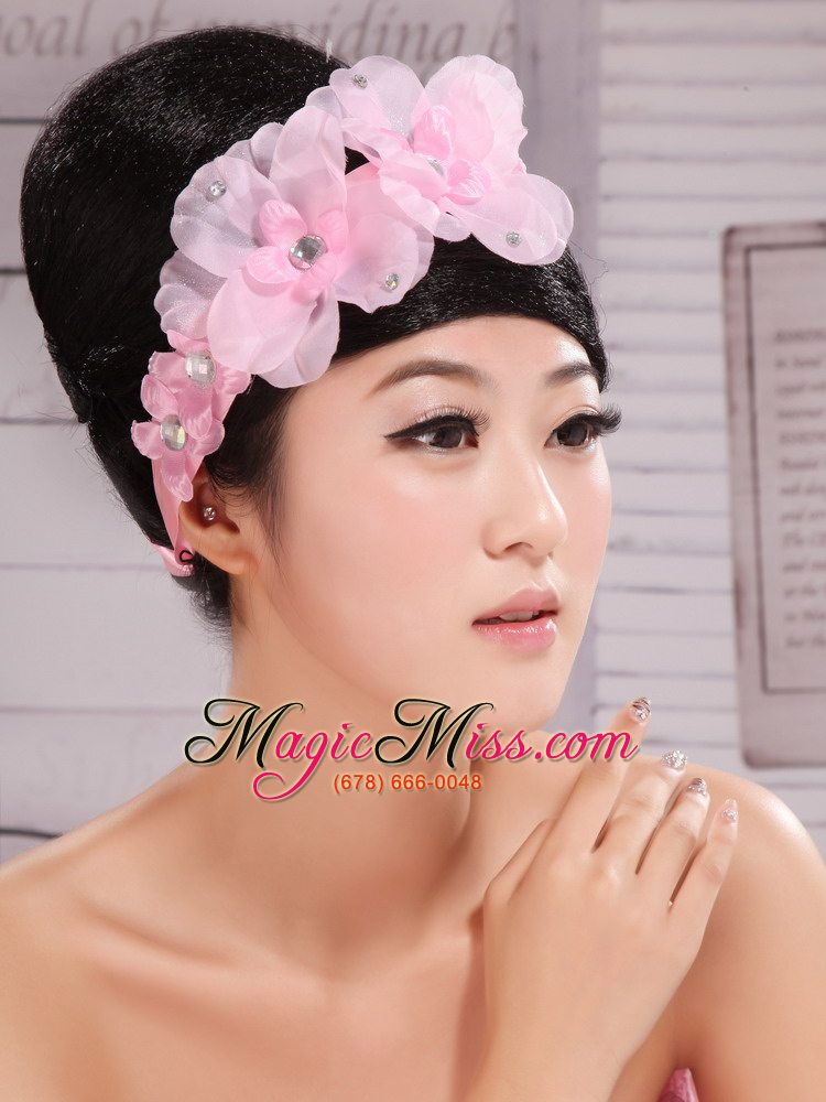 wholesale pink chiffon hand made flowers and beading for headpiece