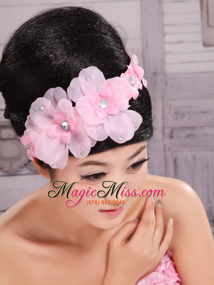 wholesale pink chiffon hand made flowers and beading for headpiece