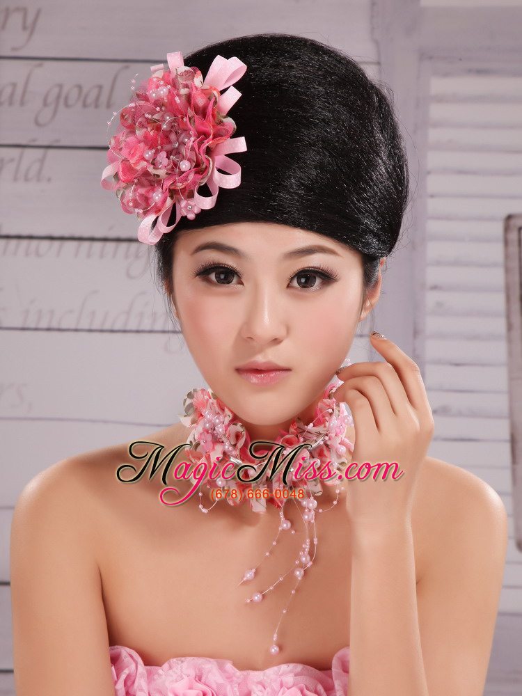 wholesale pink satin ribbon and net flower with pearls for party